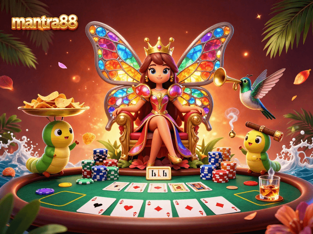 Experience mantra88's vibrant poker adventure with a butterfly queen, cherubs, and dynamic casino elements.