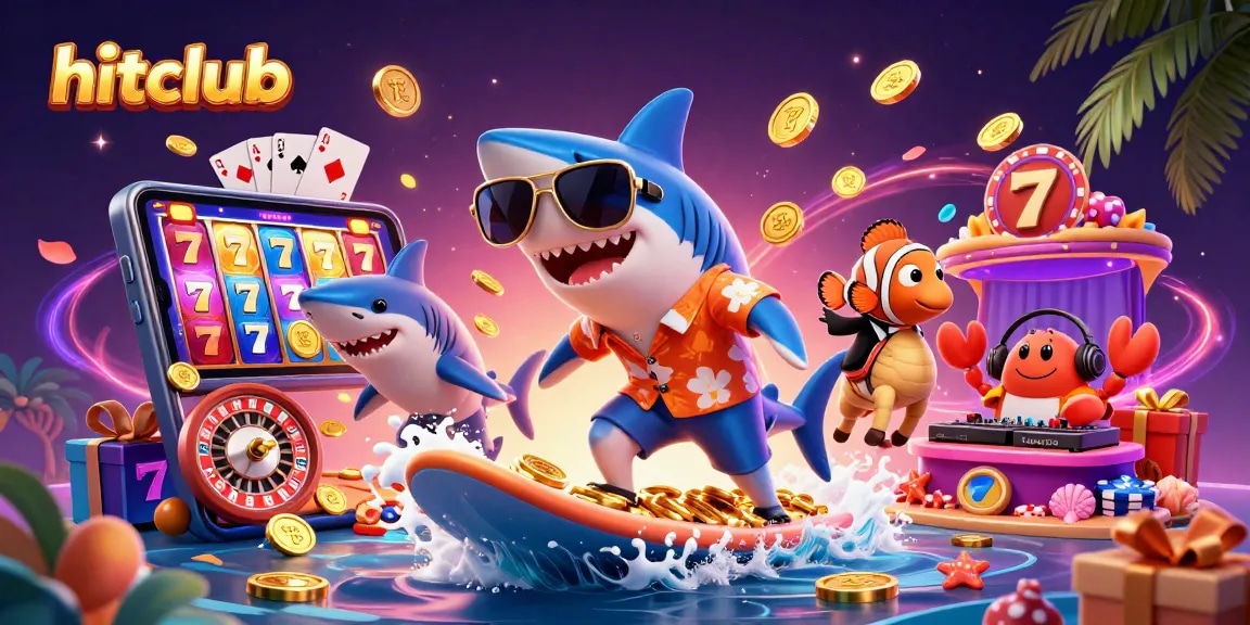 Engage with hitclub's vibrant casino scene featuring a surfing shark amidst gold coins and slot games.