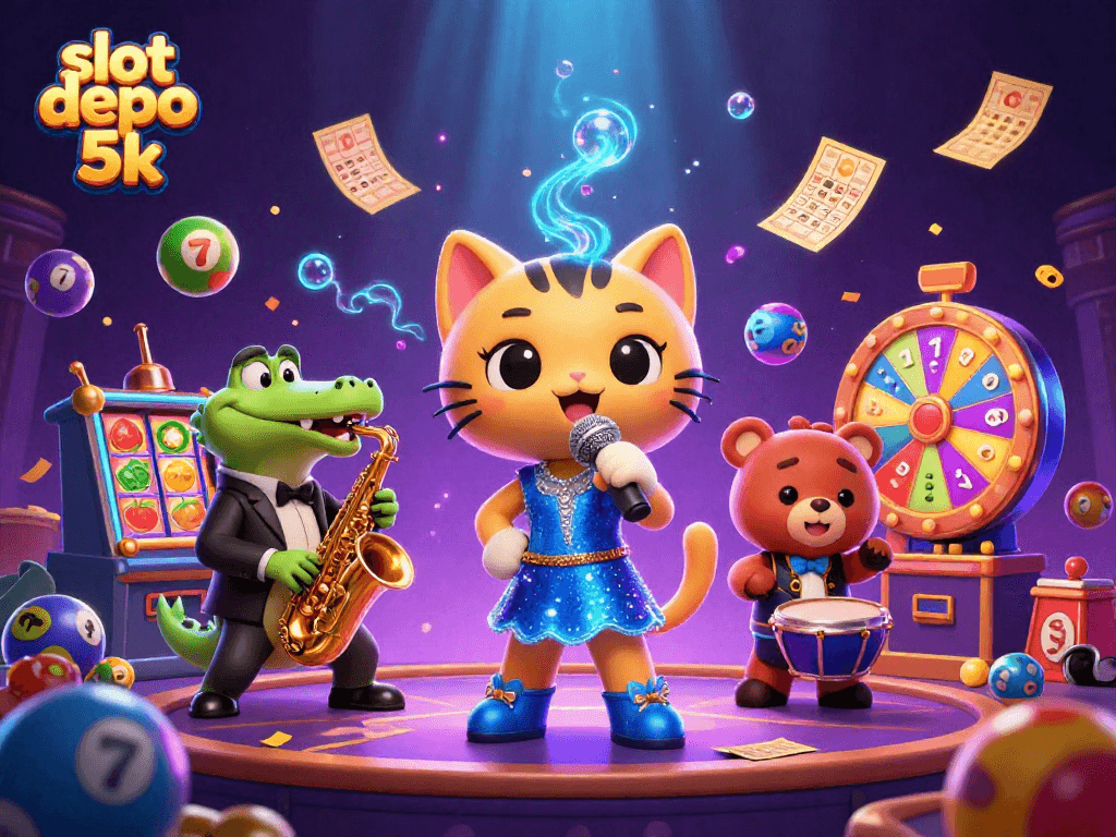 Experience excitement with slot depo 5k's vibrant 3D casino scene showcasing colorful characters and dynamic elements.