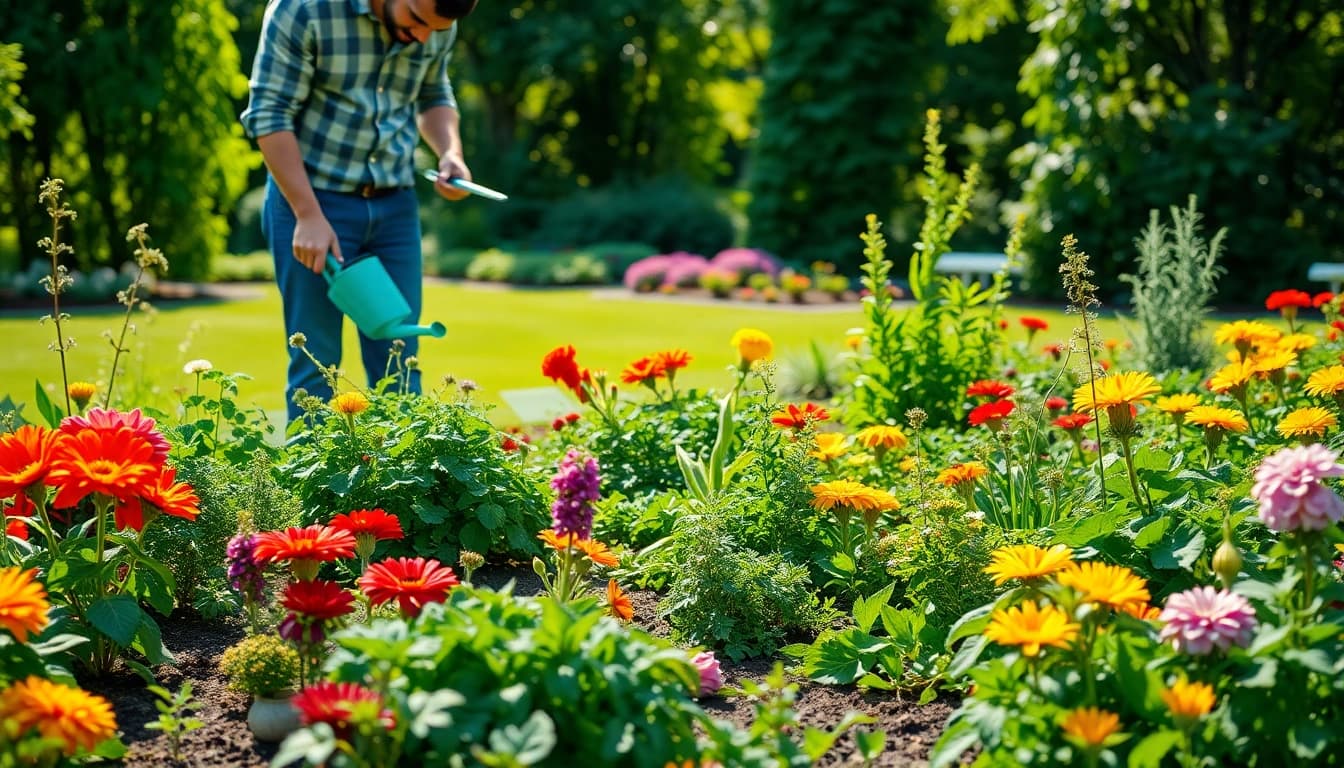 Gardening expert cultivating a colorful garden filled with flowers and vegetables.