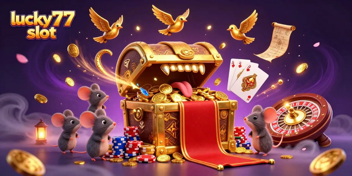 Engage with lucky77 slot treasures amidst shimmering coins and vibrant casino elements!