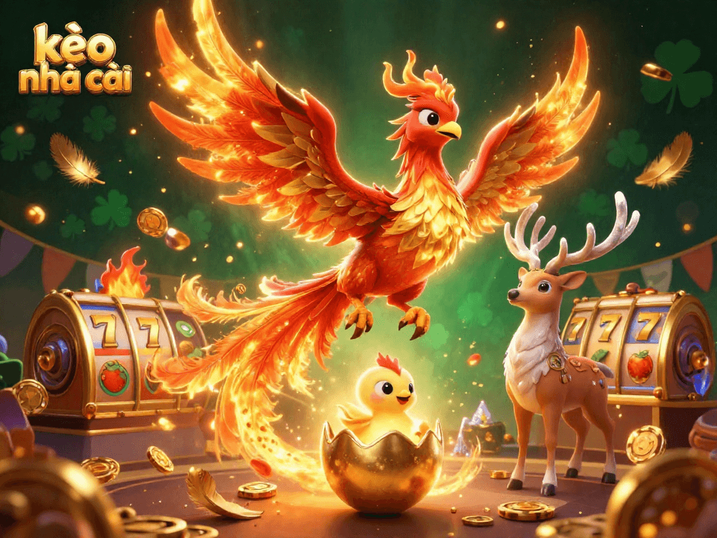 Engage with kèo nhà cái as a vibrant illustration showcases a fire phoenix and baby hatching, surrounded by casino elements.