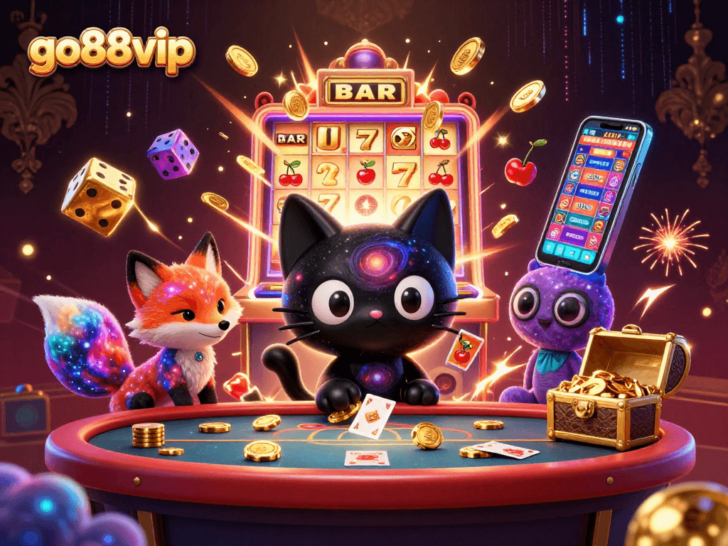 Experience the excitement of go88vip with a cosmic casino scene featuring winning symbols and vibrant characters.