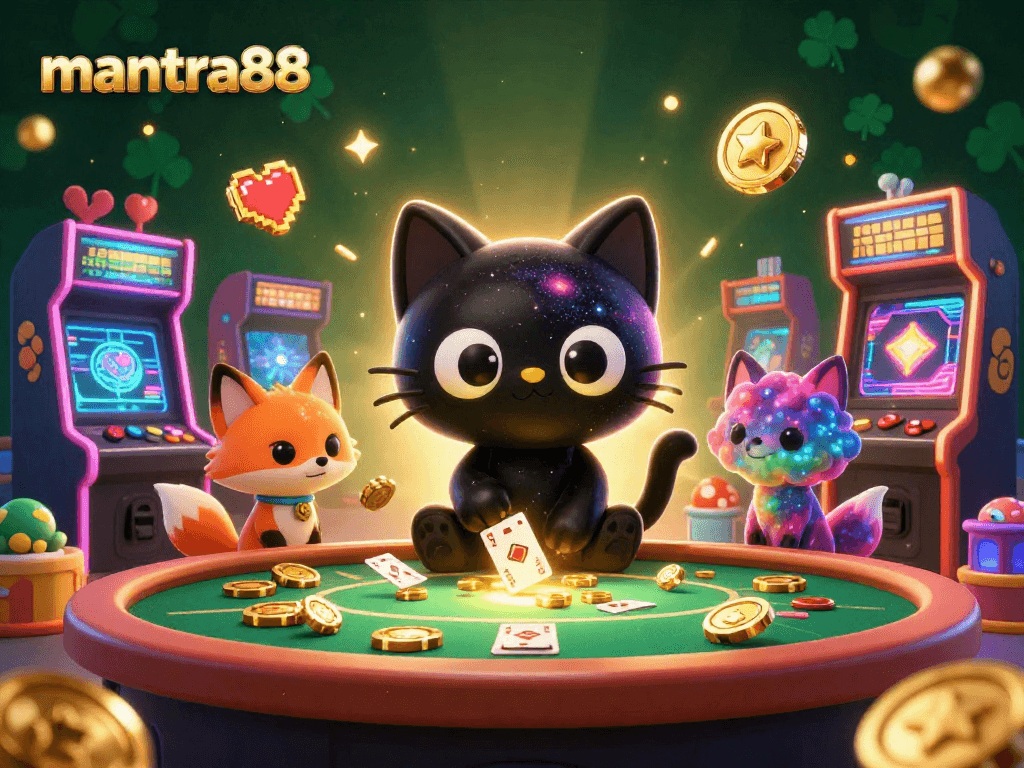 Experience thrilling gameplay at mantra88 with a cosmic casino featuring playful characters and glowing game elements.