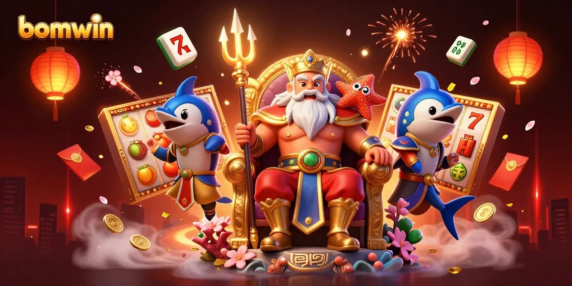 Experience the thrilling world of bomwin with Neptune and vibrant slot elements in an immersive 3D illustration.
