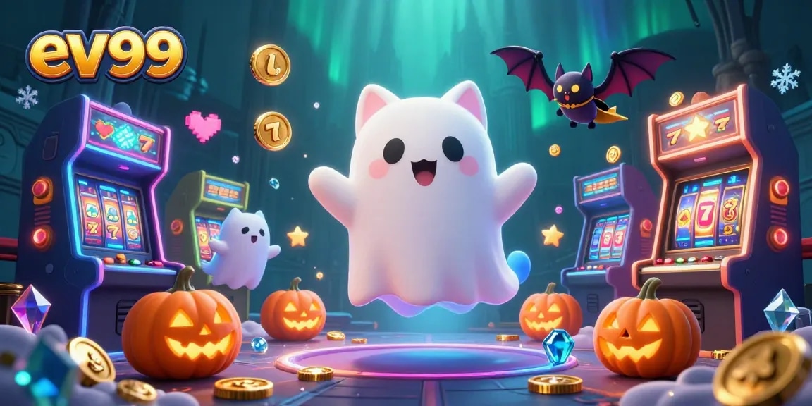 Play thrilling slots with ev99's vibrant casino scene featuring ghostly characters and arcade games.