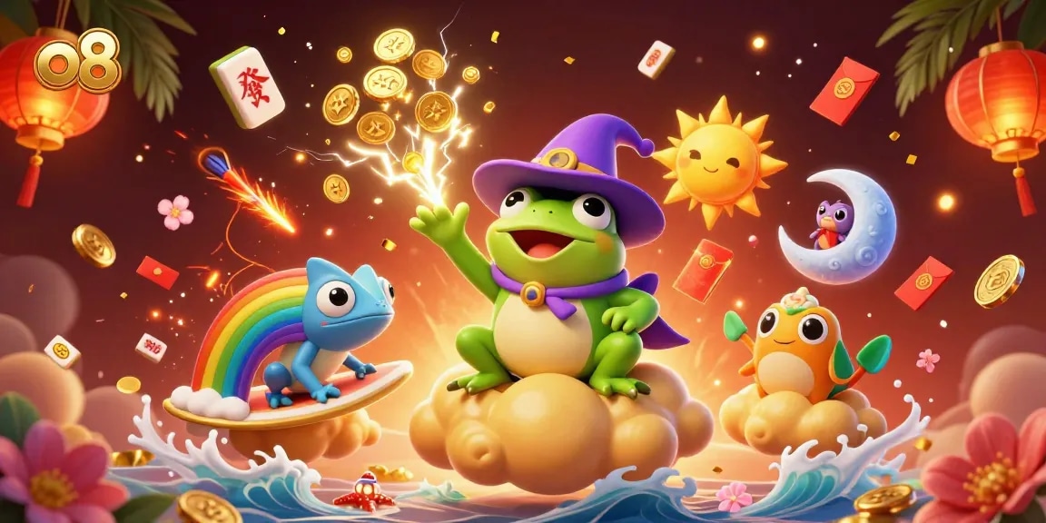 Experience thrilling gameplay at o8 with a vibrant illustration of a magical scene featuring unique characters and casino elements.