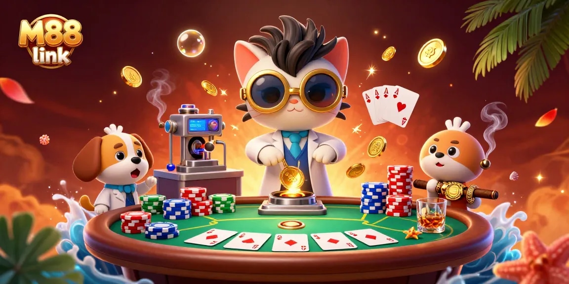 Engage with thrilling M88 link betting strategies in this vibrant 3D casino illustration.