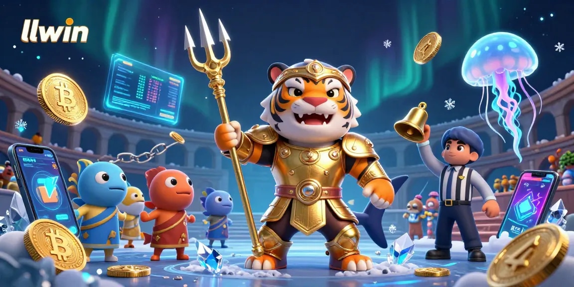 Experience thrilling gameplay at llwin with an epic scene showcasing a shark warrior and vibrant crypto elements.