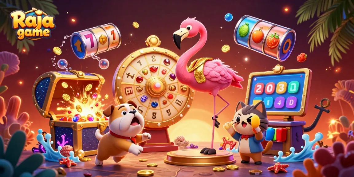 Experience thrilling Raja game moments with a lively flamingo host, excited bulldog, and vibrant game elements.