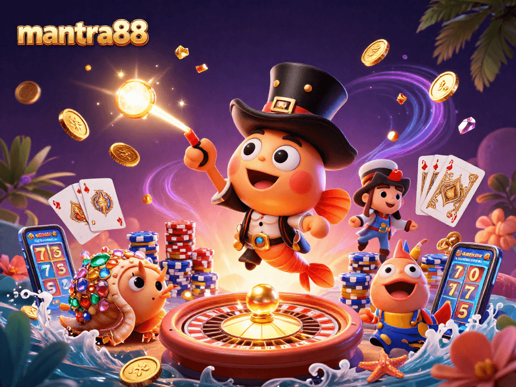 Win big with mantra88 while enjoying vibrant 3D casino elements and exciting characters in a lively illustration.