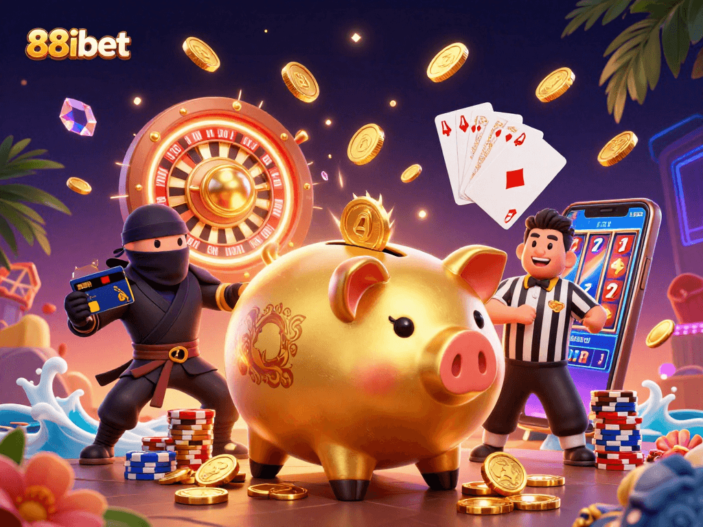 Watch the 88ibet sumo piggy bank stomp with a spectacular display of cascading coins and gems.