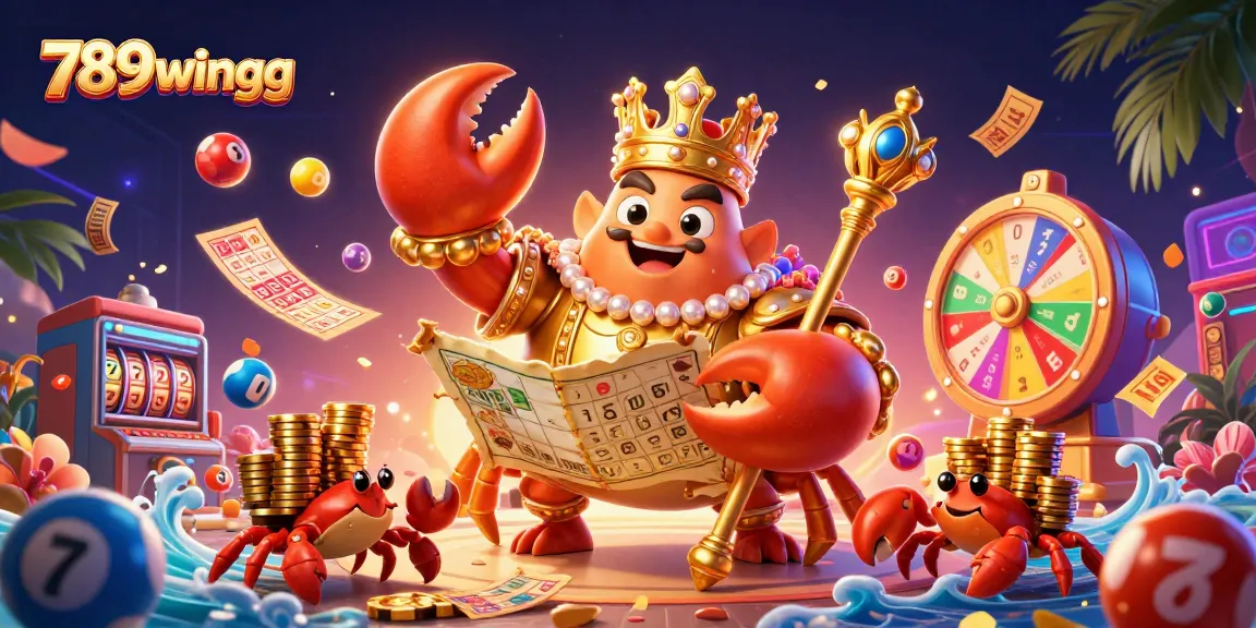 Win big with 789wingg in a vibrant 3D casino scene featuring golden characters and lottery elements.