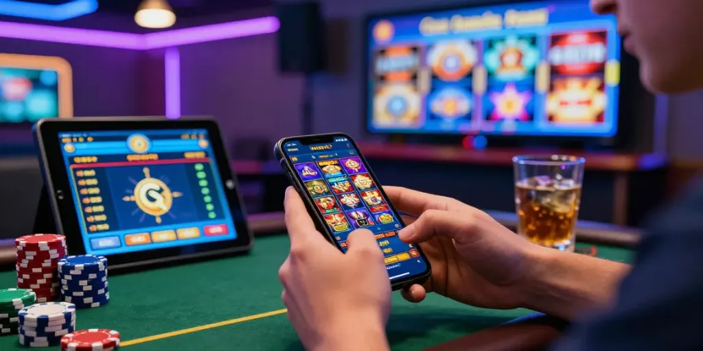 A player interacting with slot qris on a smartphone amidst vibrant gaming elements.