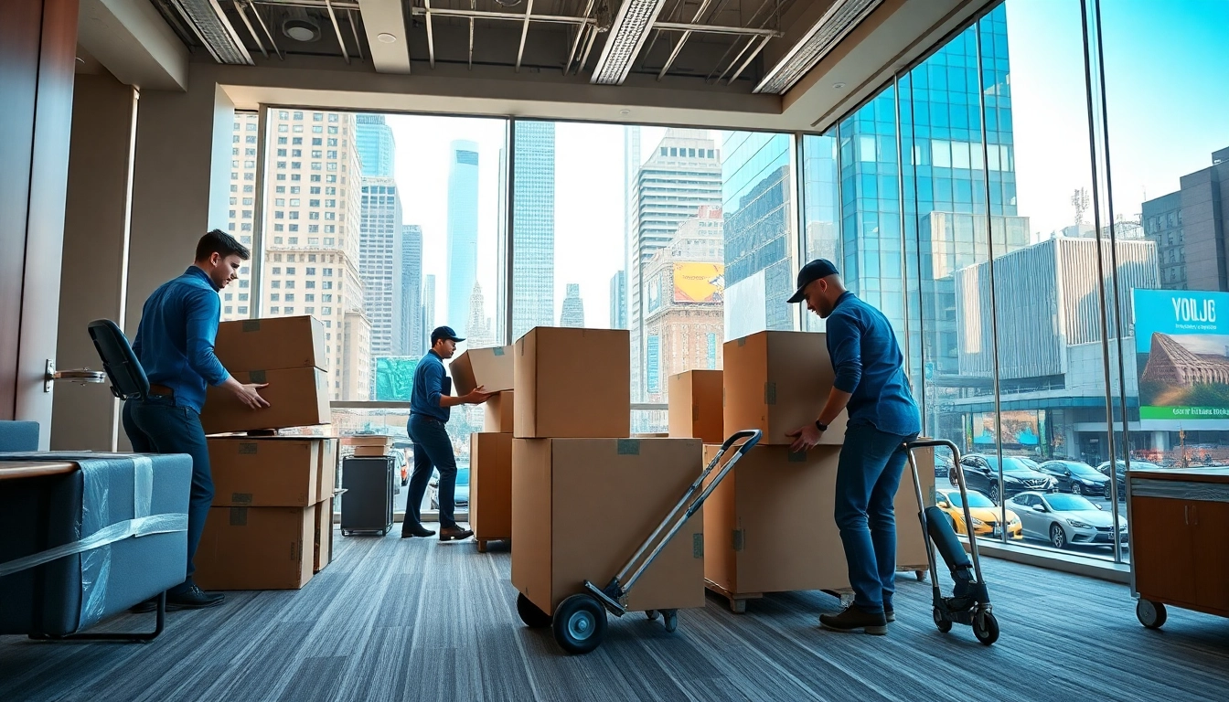 Efficient movers demonstrating Office Moving Services NYC, packing office items in a bustling urban setting.
