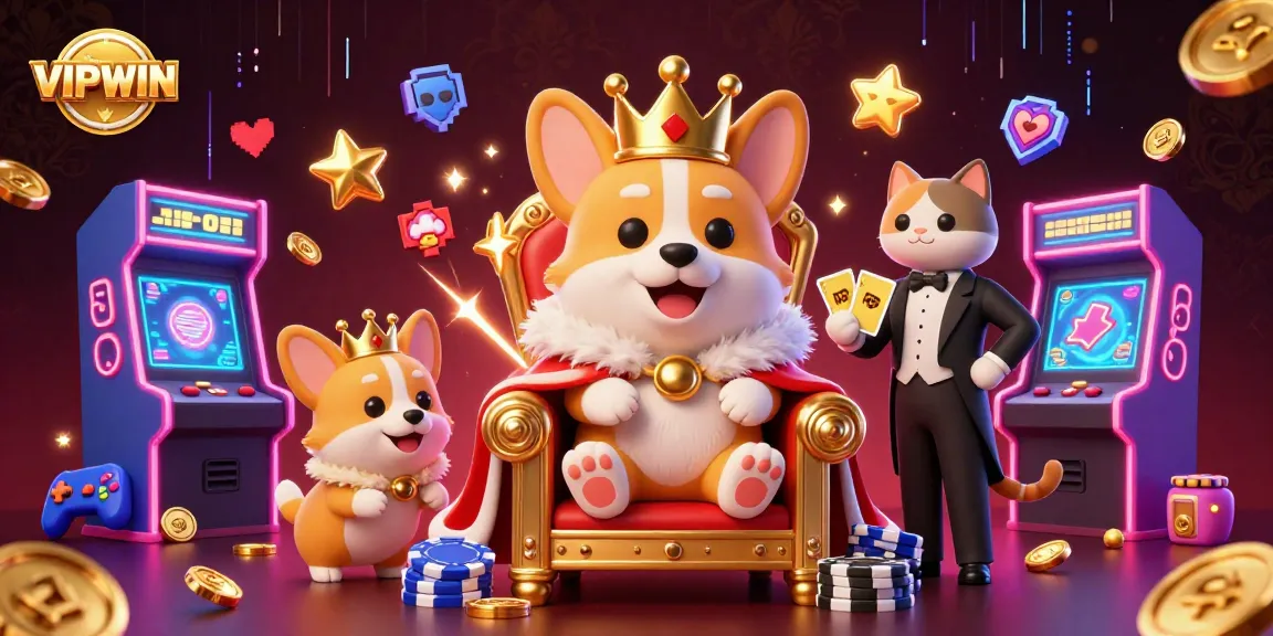 Experience VIPWIN’s vibrant gaming world with a royal corgi and dazzling casino elements.