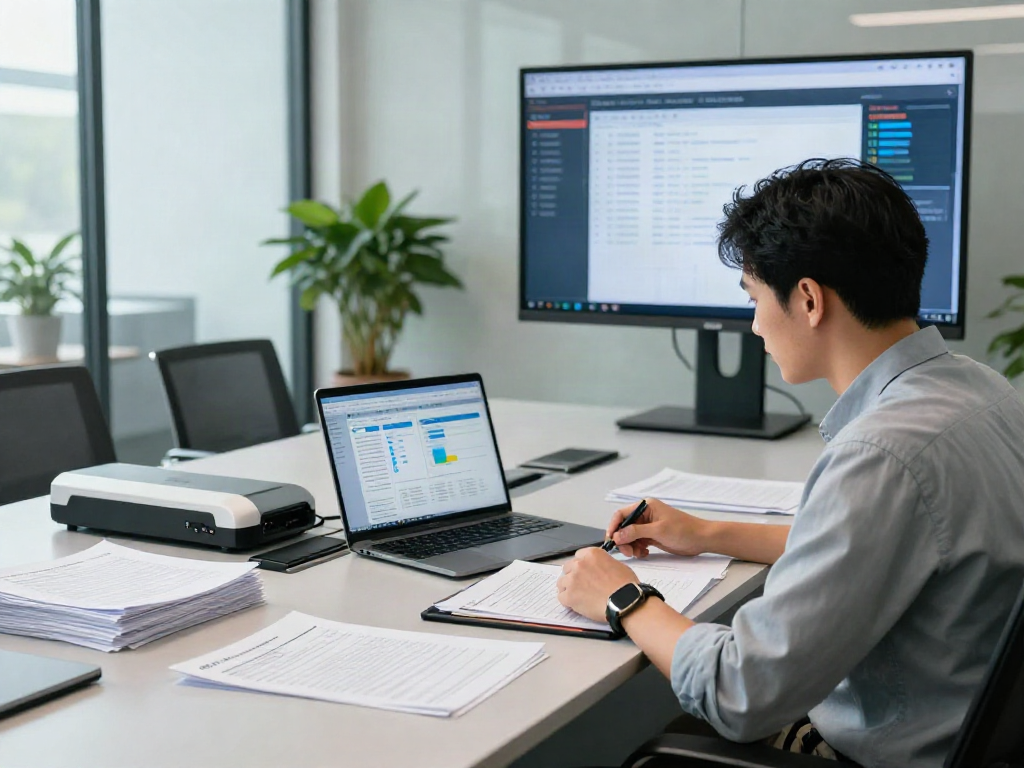 Data analyst using document fraud detection software on various documents in a modern office setting.