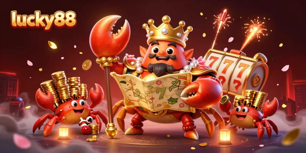 Engage with lucky88's exciting slots and games in a vibrant 3D Casino scene full of gold and energy.