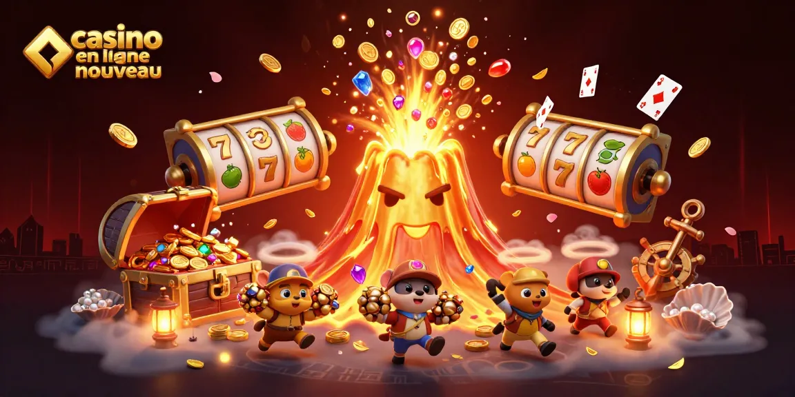 Nouveaux casinos en ligne : illustration d'un volcan doré émettant des trésors et des jeux de casino.