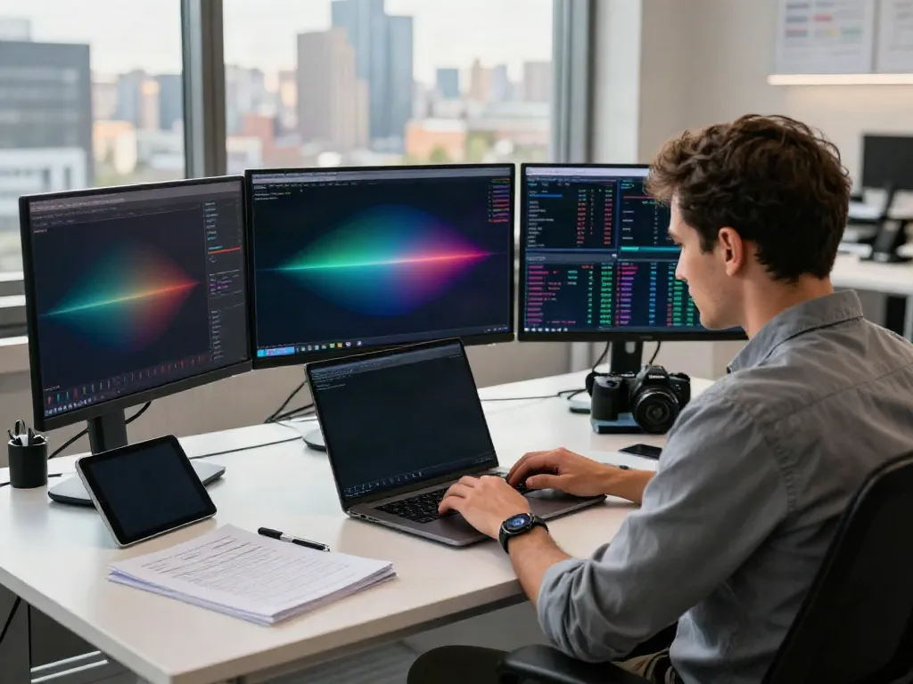 Trader analyzing MetaTrader 5 on multiple screens in a modern office