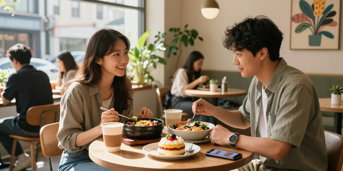 부평에서 맛있는 음식을 나누는 커플과 함께 카페의 활기찬 분위기를 담은 이미지로, https://www.danbamop.com/bupyeong-op 를 자연스럽게 보여줍니다.