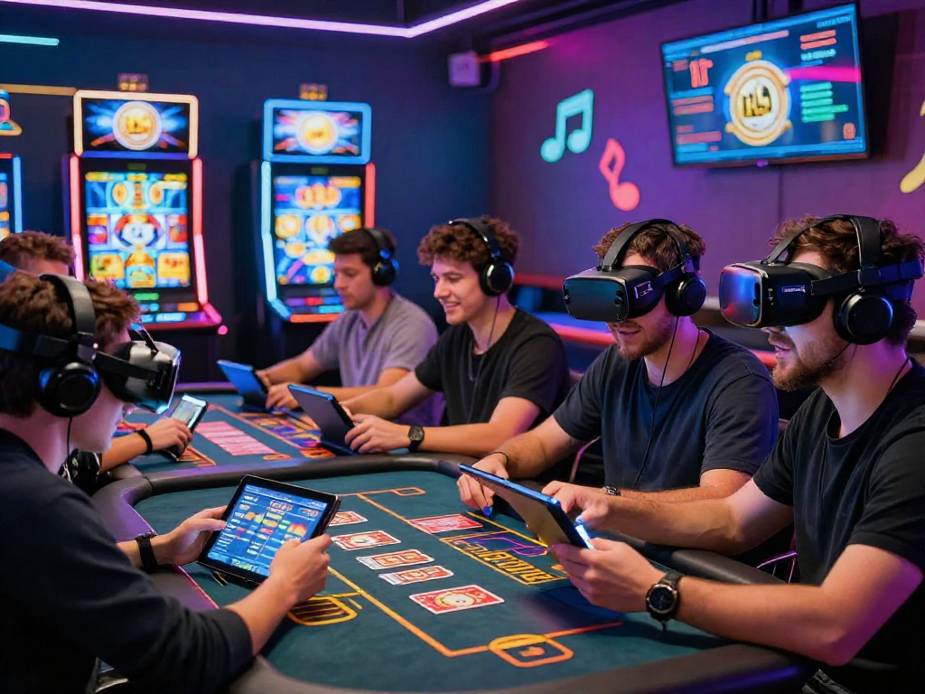 Exciting atmosphere at a crypto casino with players engaged in virtual gaming, showcasing neon lights and digital currency.