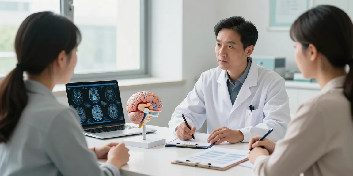 Detailed consultation about beyin tümörü ameliyatı with neurosurgeon, patient, and MRI scans.