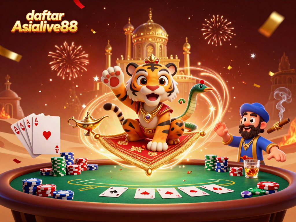 Engage with daftar Asialive88 on a vibrant carpet of poker chips featuring a magical Arabian desert theme.