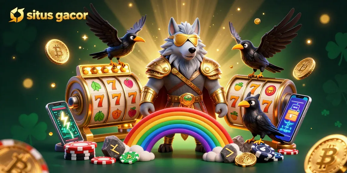 Engage in situs gacor with a dynamic casino scene featuring Odin and ravens among vibrant game elements.