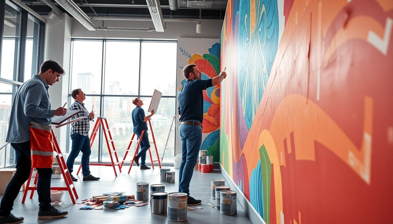 Captivating scene of professionals engaged in a painting commercial project, demonstrating creativity in an office.