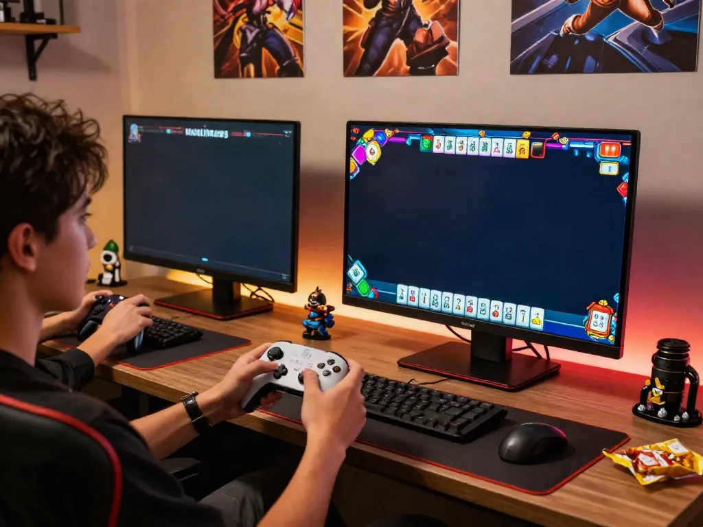 Player enjoying Slot MAHJONGJP88 on a gaming setup, vibrant graphics and cozy atmosphere.