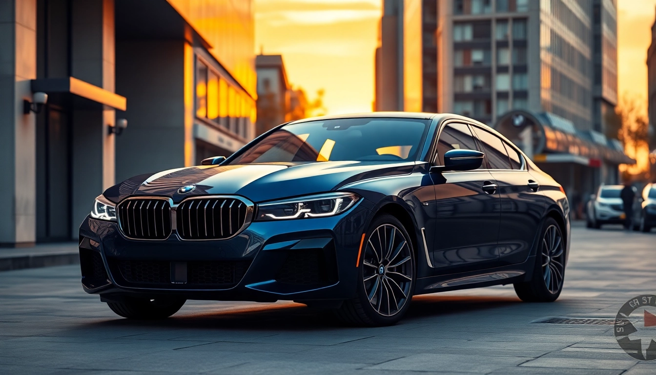 Luxury BMW car on display, showcasing its elegance and performance, set against a stunning urban backdrop.