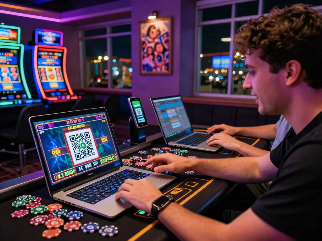 Player engaging with slot qris deposit at an online casino with vibrant atmosphere and QR code on screen.