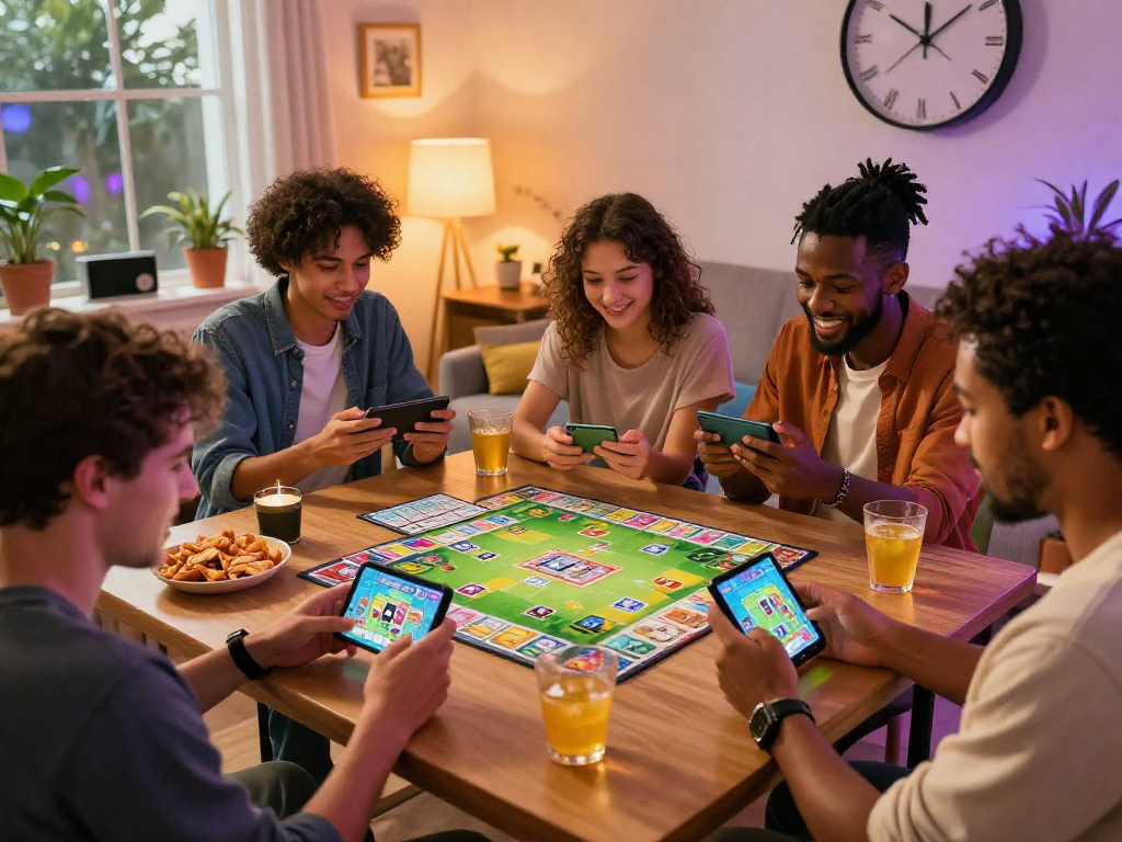 Engaged players enjoying ramble rummy on mobile devices in a cozy living room.