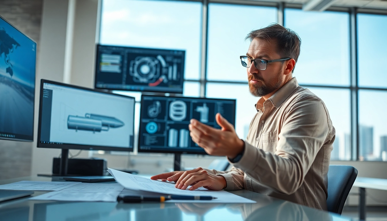 Engineer reviewing CRN Registration details in a modern office, surrounded by technical documents.
