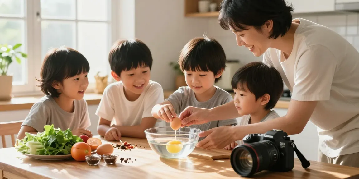Menampilkan keluarga di dapur menggunakan metode Egg Float Test dari https://www.eggfloattest.com/contact untuk memeriksa kesegaran telur.