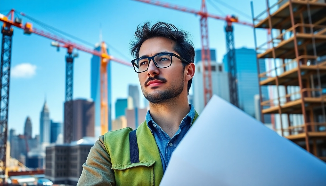 New York City Construction Manager directs activities at a bustling construction site.