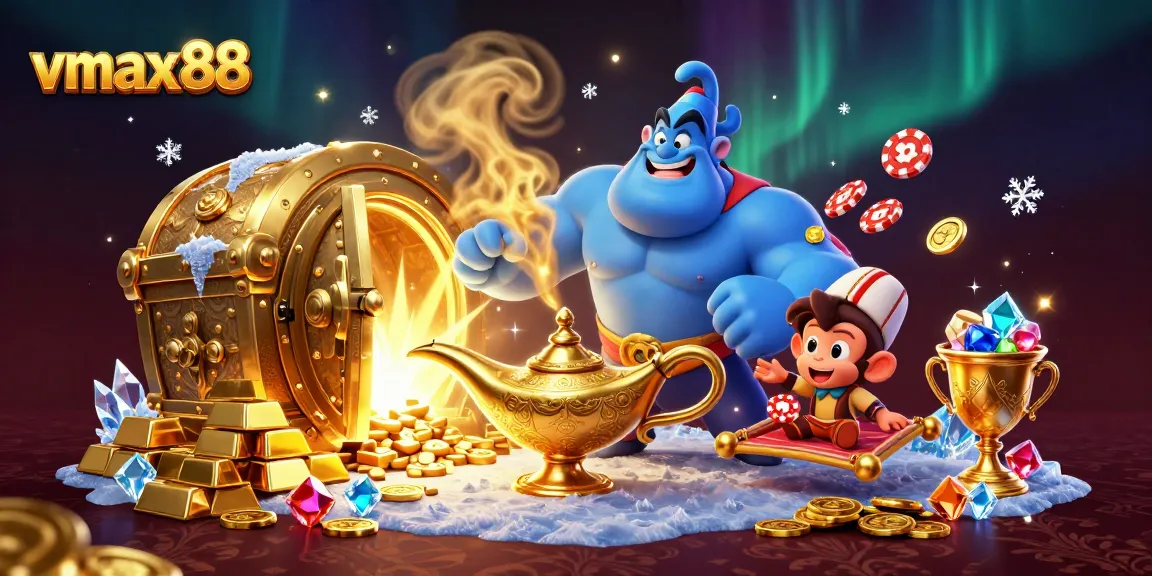 Win big at vmax88 with a magical illustration featuring vibrant casino elements and treasures.
