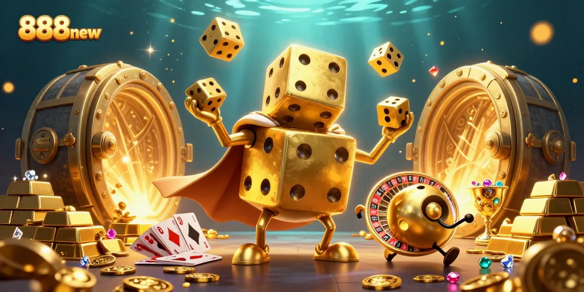 Experience the excitement of 888new as a golden dice golem juggles treasures in an enchanting casino scene.