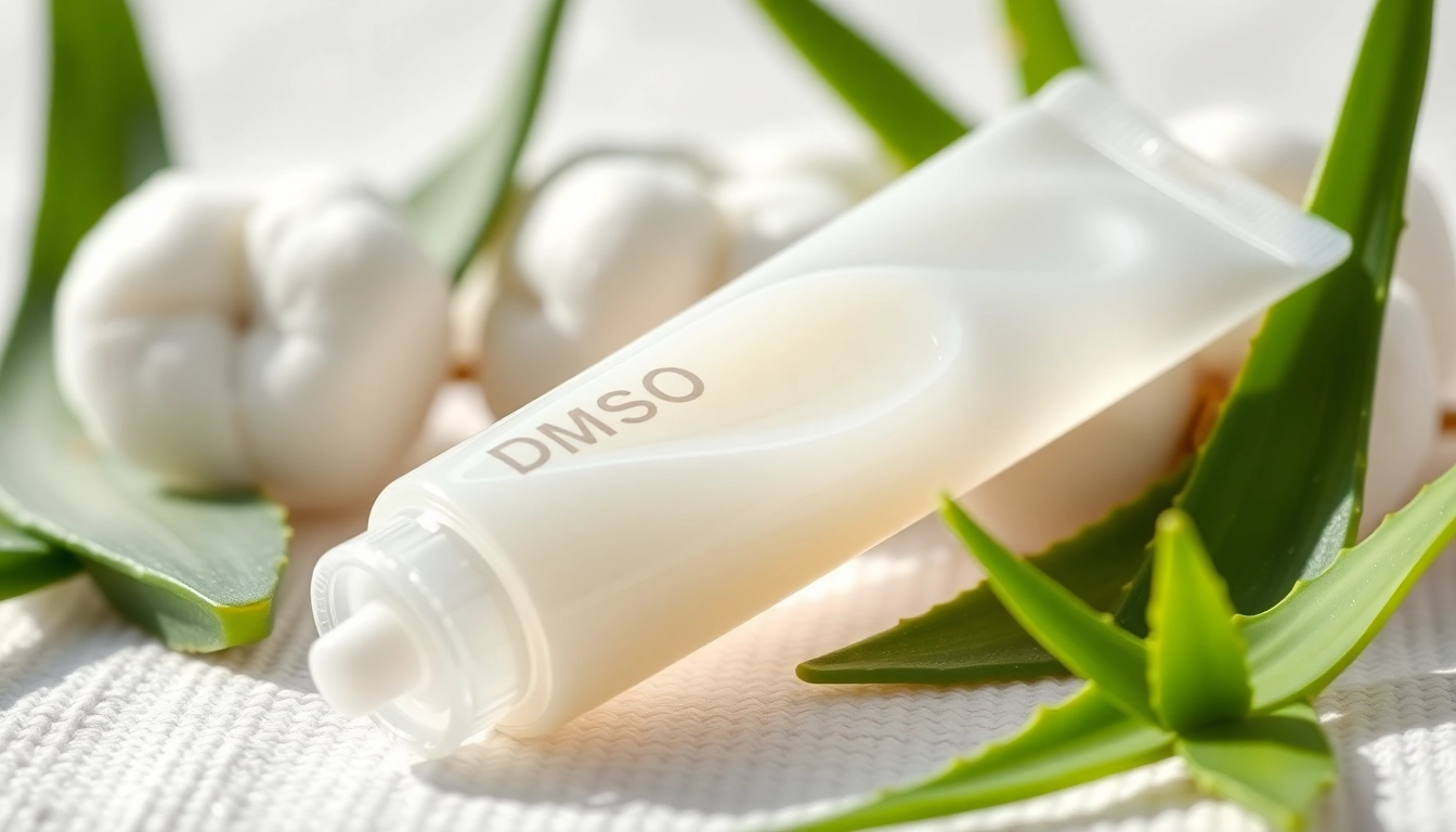 Applying dmso gel from a clear tube surrounded by fresh aloe vera leaves for health benefits.
