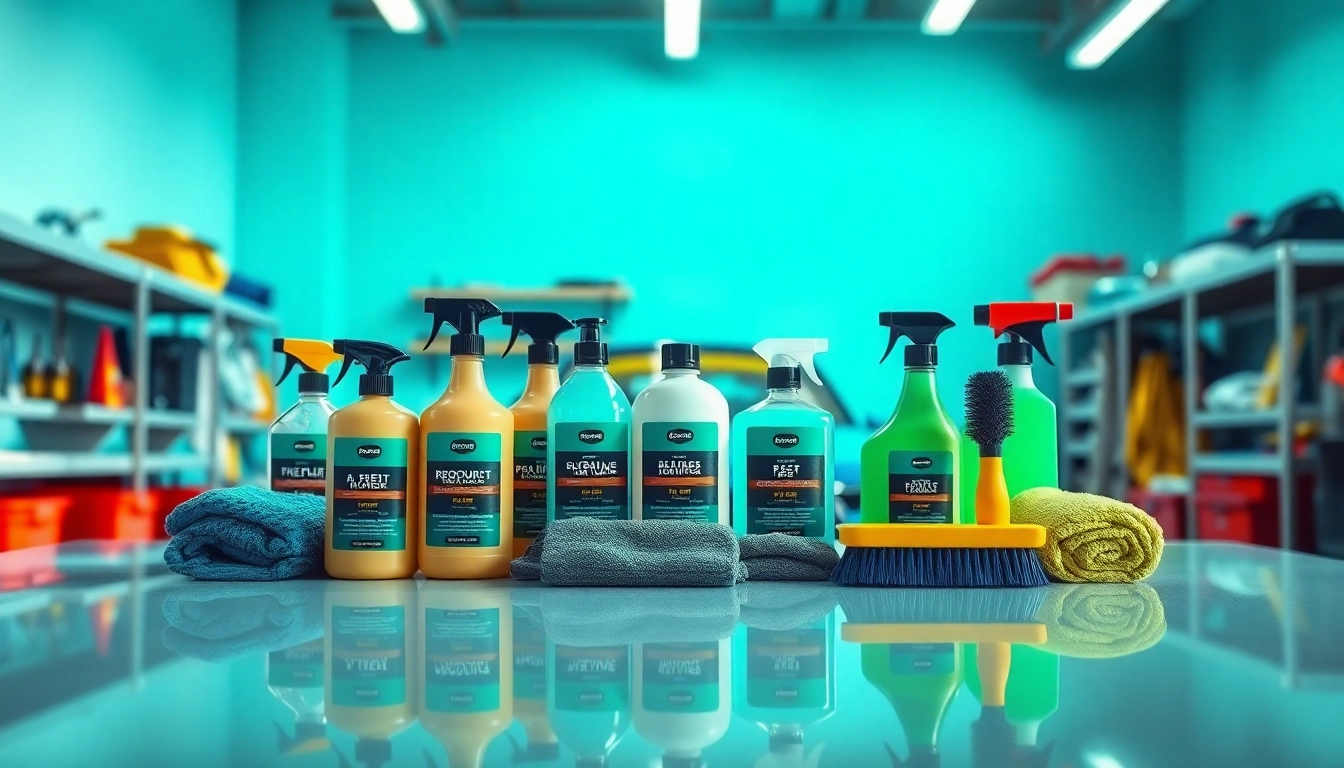Showcase of the best products for car detailing displayed on a polished surface in a bright garage.