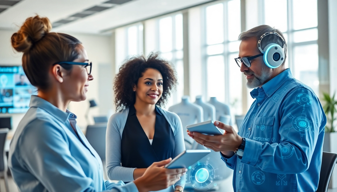 AI agents working together in a modern office environment, showcasing collaboration.