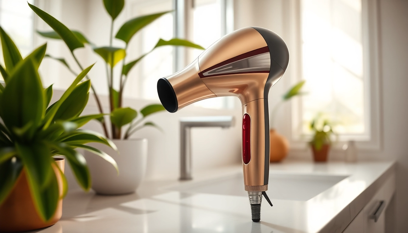 Laifentech high-speed hair dryer elegantly displayed in a bright, modern bathroom setting.