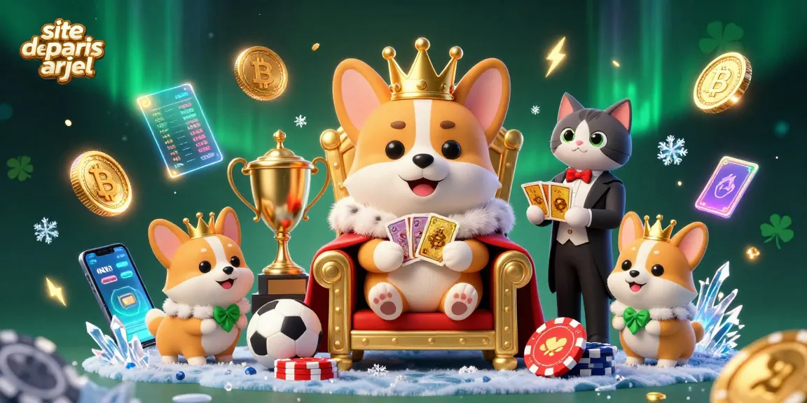 Une illustration de site de paris hors arjel avec un corgi royal, un majordome, et des éléments de paris sportifs.