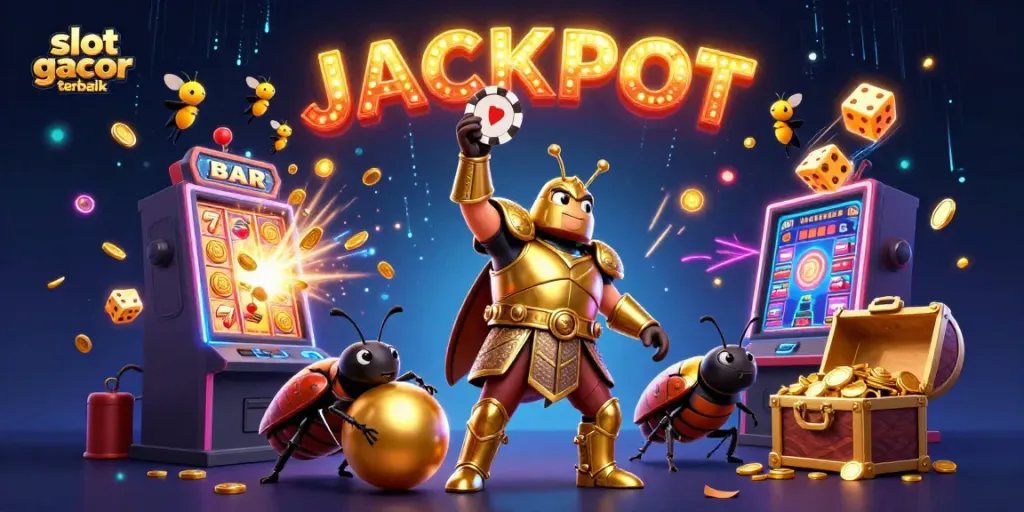 Ilustrasi jackpot "slot gacor terbaik" dengan karakter unik dan mesin slot yang memukau.