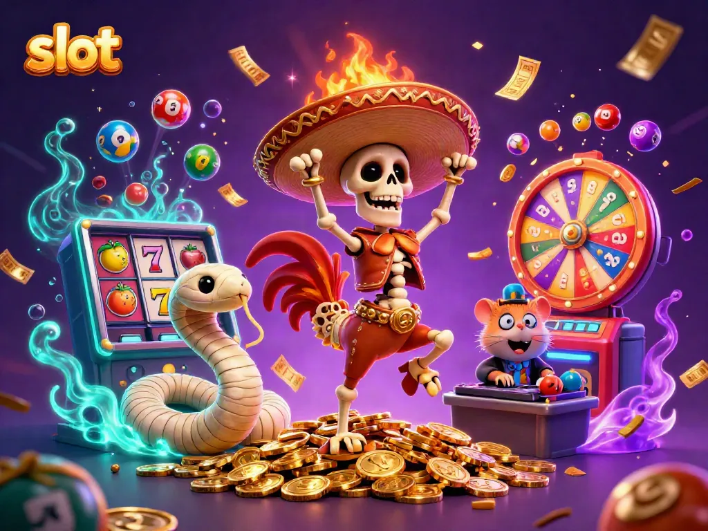 Slot dan suasana kasino yang meriah dengan karakter kartun, interaksi dan elemen permainan.
