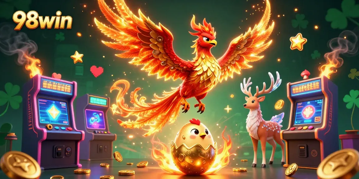 Experience thrills with 98win, featuring vibrant phoenixes and enticing game elements in a colorful casino art!