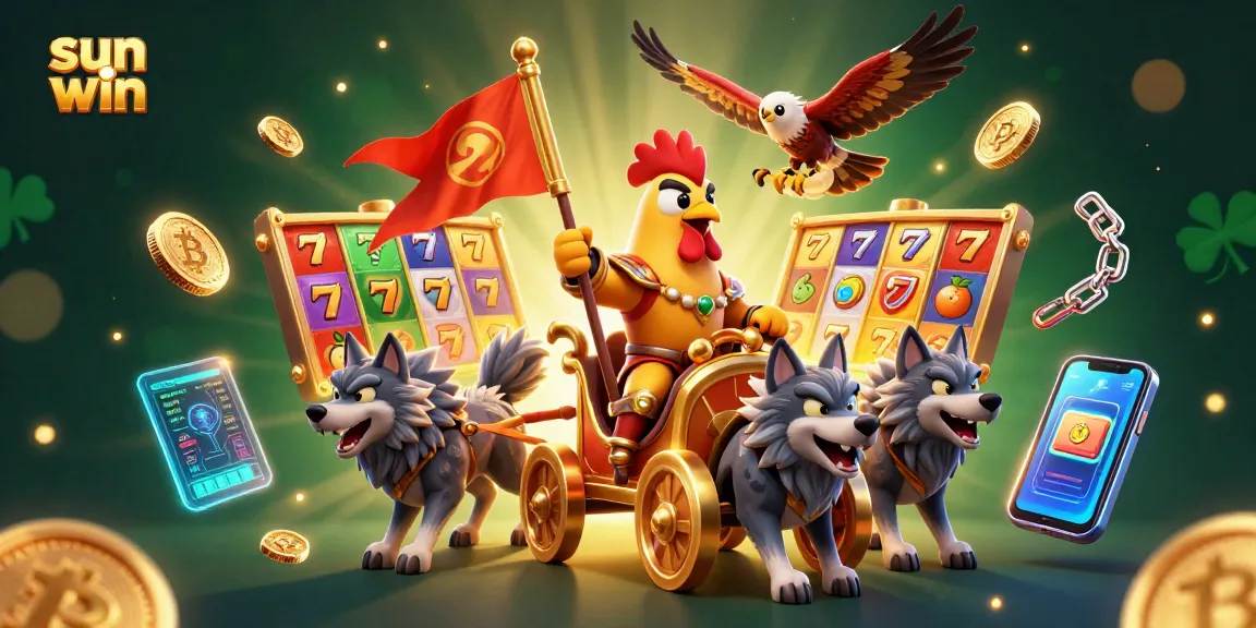 Engage with sun win at the dynamic slot games, featuring a colorful battle-ready rooster and crypto elements.