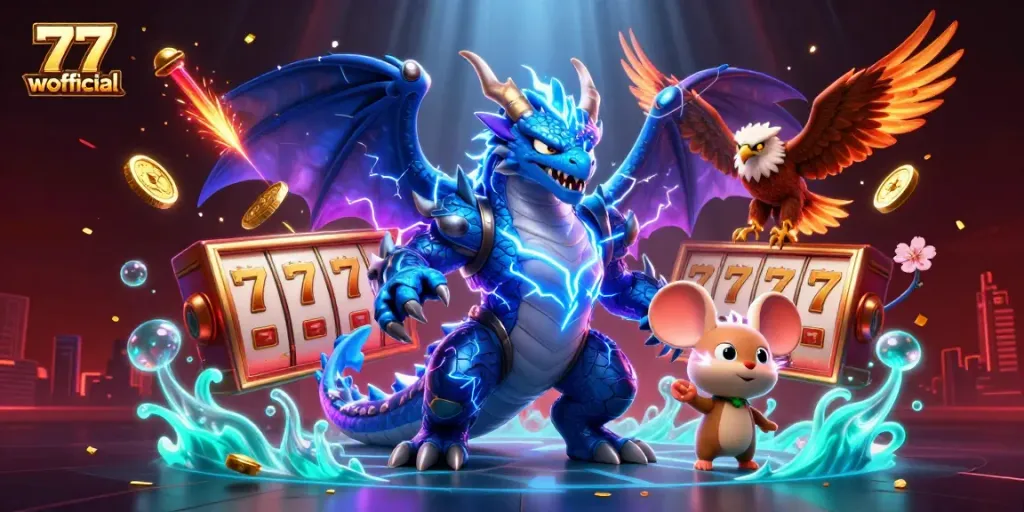 Engage with luck at 77wofficial, where a winning thunder dragon and vibrant slots dance in excitement.