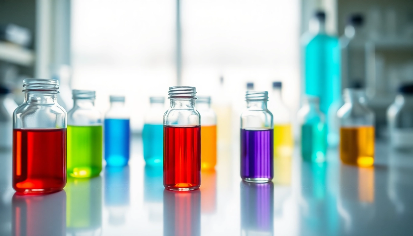 Showcase of milehigh compounds in colorful vials within a professional lab setting.
